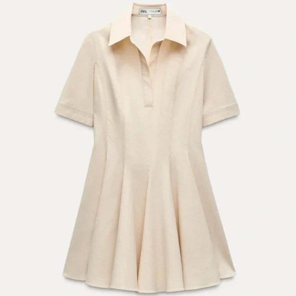 Zara Womens Mini Dress Large Ecru Cream Polo Collared Topstitch 8795/653 NWT - Picture 3 of 16